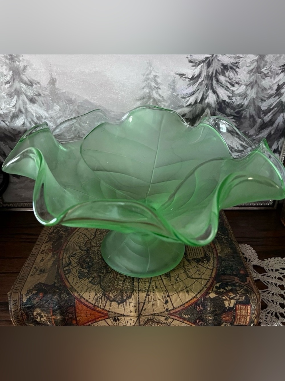 Handblown Green Art Glass Pedestal Bowl Ruffled Edge Floral Swirl Centerpiece